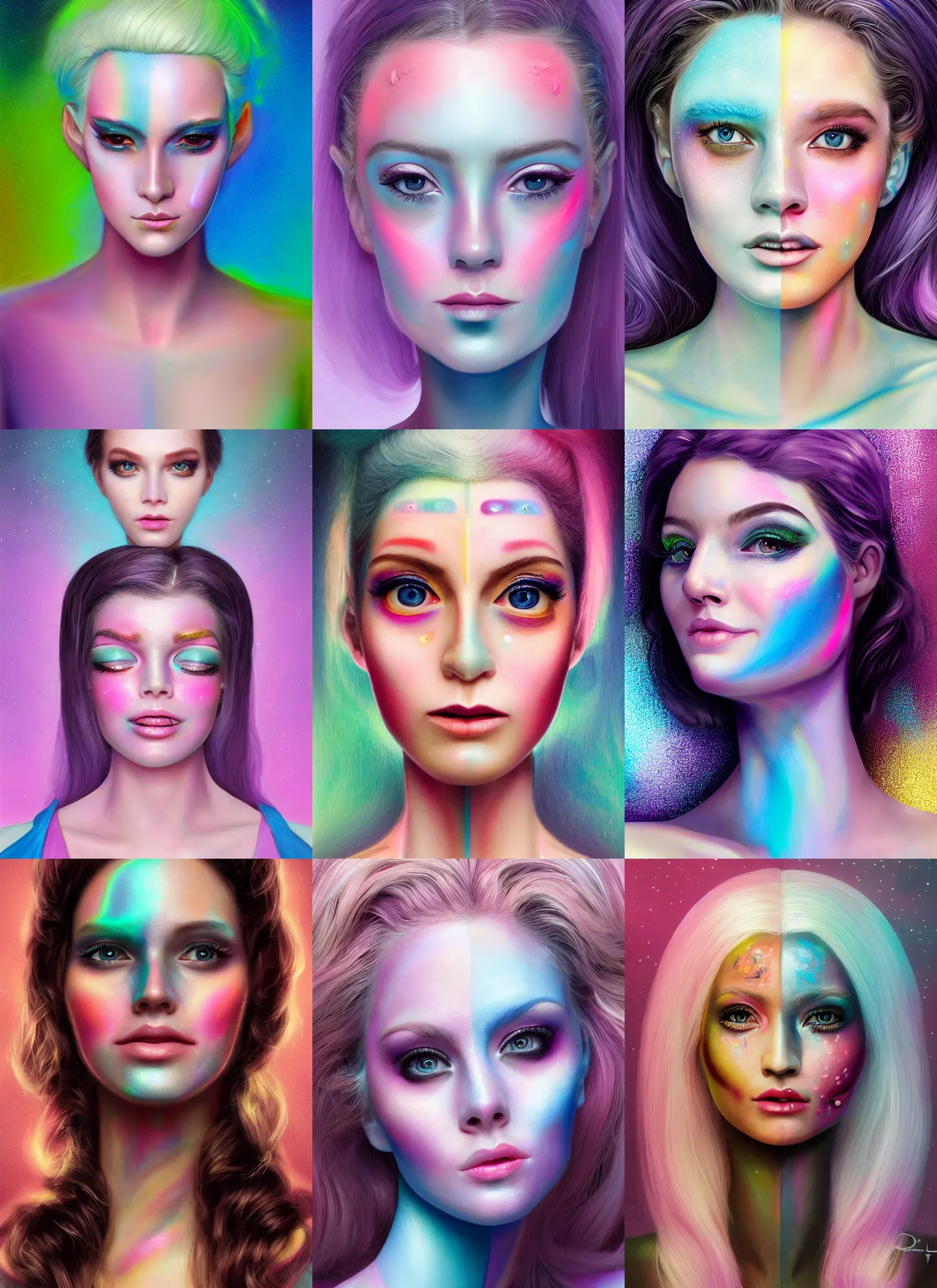 Prompt: breathtaking female android portrait with pastel face makeup, eightees look, smiling, cute nose, retro, beautiful lights, vintage look, hyper realistic, illustration, airbrush, 8 k, intricate, duo tone, art by david la chapelle and philip castle, artgerm