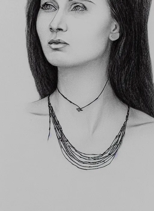 Prompt: one line art drawing of a woman's portrait, wearing a photo realistic necklace