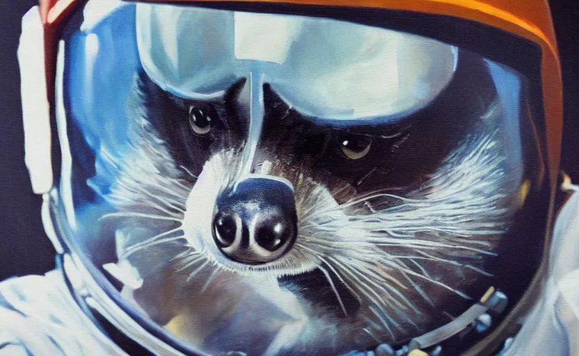 Image similar to oil painting of a racoon in a astronaut suit with helmet, 35mm, photo, Epic, cinematic