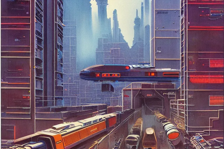 Image similar to 1 9 7 9 omni magazine cover of train bridge going through buildings in cyberpunk style by vincent di fate