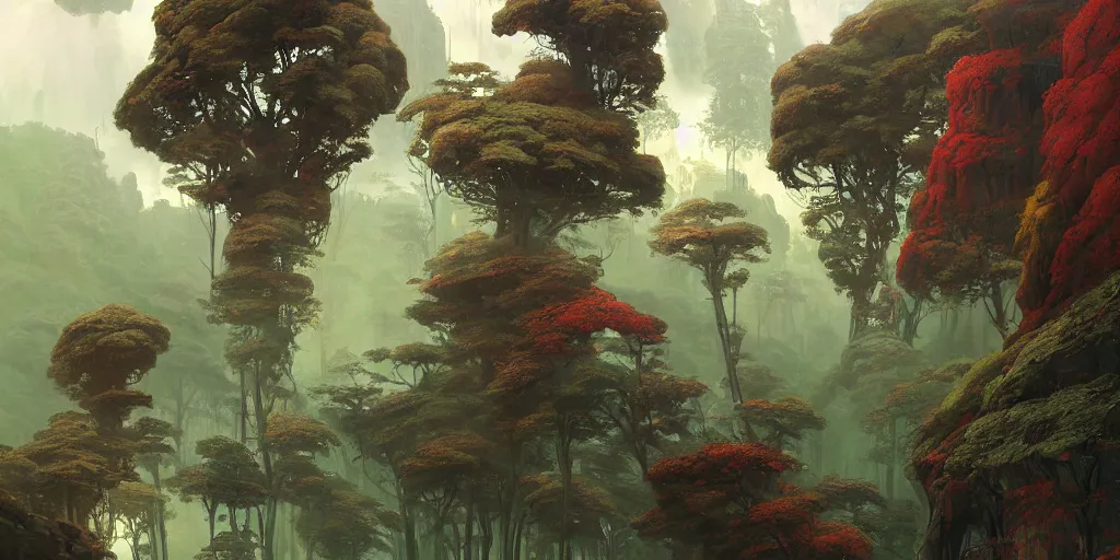 Prompt: beautiful metallic landscape metal forests trees made of metal mountains rivers red and green glossy leaves many layers waterfalls half moon villages castles, buildings artstation illustration sharp focus sunlit vista painted by ruan jia raymond swanland lawrence alma tadema zdzislaw beksinski norman rockwell tom lovell alex malveda greg staples