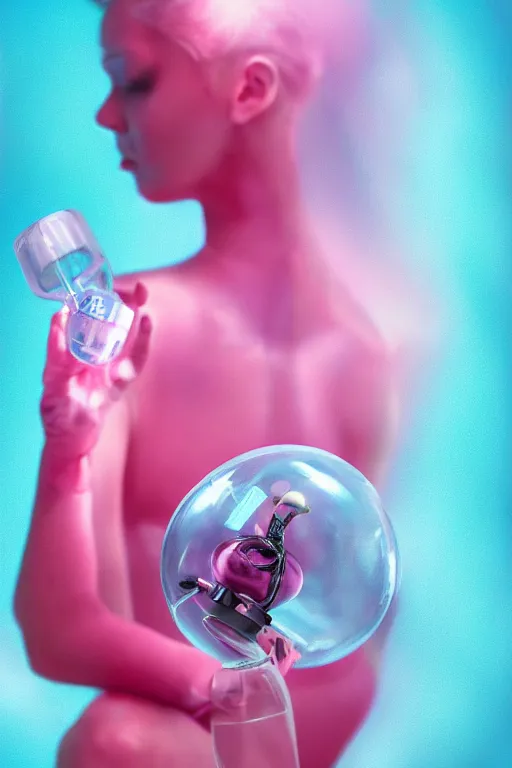 Image similar to Pink Vapor Inhalation Machine Connected to a Spherical Bottle of Pink Liquid by a Tube, Pink Vapor Leaking from an Oxygen Mask, beautiful woman, fantasy, magic, ultra detailed, digital art, trending on artstation, illustration, medical laboratory