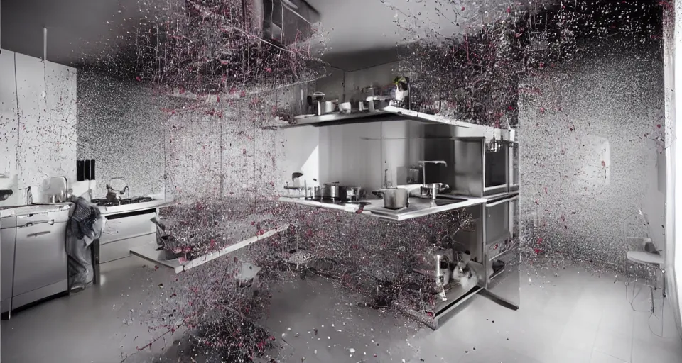 Image similar to IKEA catalogue photo of a futuristic kitchen on a spaceship, by Chiharu Shiota