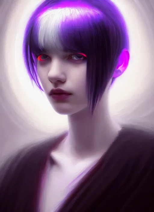 Image similar to portrait of teenage girl with white bangs, red irises, bangs, black and white hair, purple clothes, white bangs, two color hair, black hair and white bangs, intricate, elegant, glowing lights, highly detailed, digital painting, artstation, concept art, smooth, sharp focus, illustration, art by wlop, mars ravelo and greg rutkowski