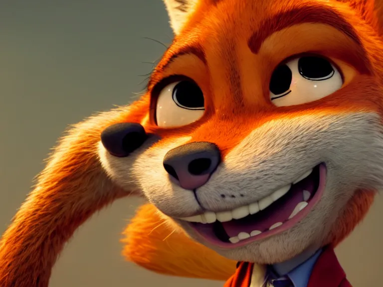 Image similar to a film still from zootopia main character portrait anthro anthropomorphic fox head animal person fursona nick wilde pixar and disney animation, sharp, rendered in unreal engine 5, anime key art by greg rutkowski, bloom, dramatic lighting chaotic cursed werewolf