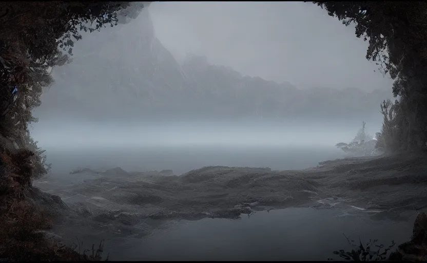 Image similar to a strange lake directed by charlie kaufman ( 2 0 0 1 ) anamorphic lenses, foggy volumetric light, cinematic trending on artstation in the style of greg rutkowski