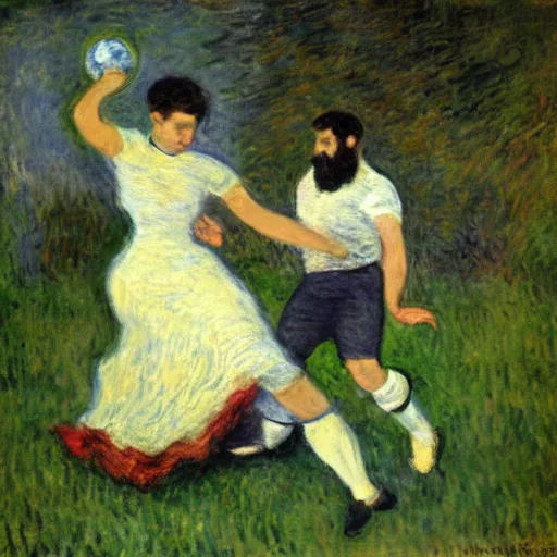 Image similar to monet painting of a bearded man with short hair kissing a soccer ball, closed eyes, intimate, beautiful, highly detailed, realistic,