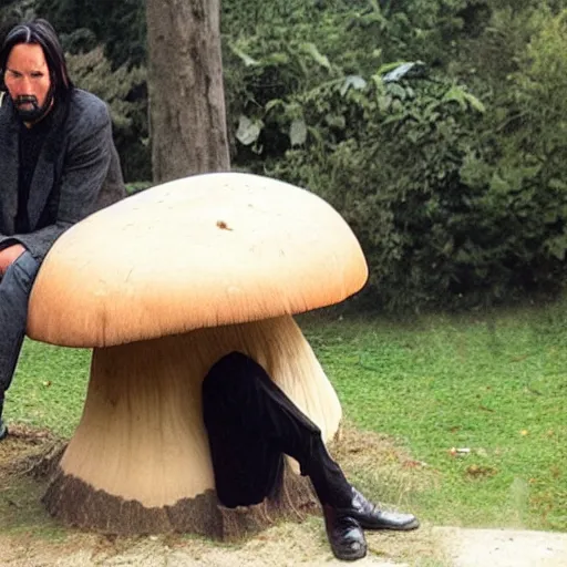 Image similar to Keanu Reeves sitting on a giant mushroom