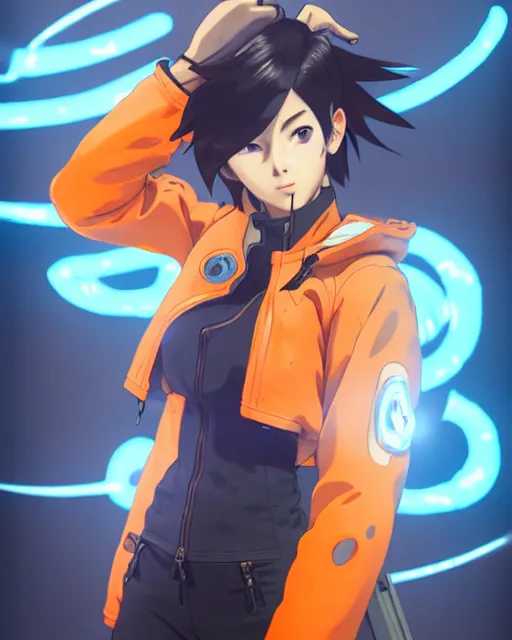 Prompt: Anime as Tracer Overwatch Tracer-Overwatch || cute-fine-face, pretty face, realistic shaded Perfect face, fine details. Anime. realistic shaded lighting poster by Ilya Kuvshinov katsuhiro otomo ghost-in-the-shell, magali villeneuve, artgerm, Jeremy Lipkin and Michael Garmash and Rob Rey brown jacket, orange snowboard googles mask