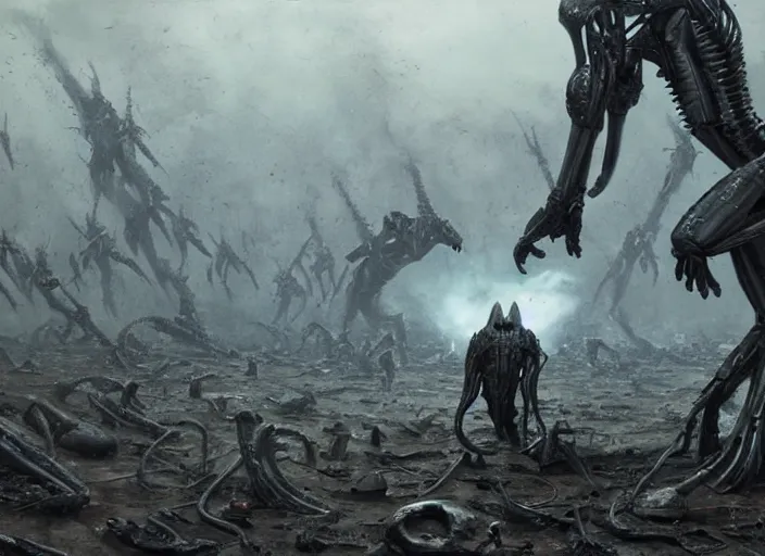 Image similar to cinematic artwork of an alien by hr giger staring down the enemy on the battlefield by Greg Rutkowski, 4k, masterpiece