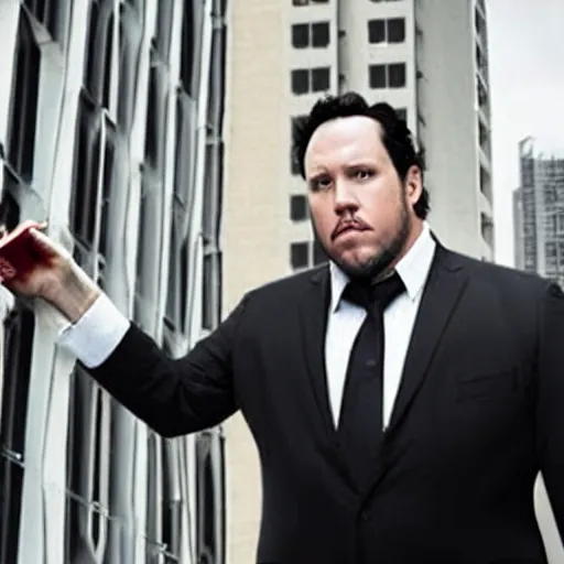 Image similar to Clean-shaven Jon Favreau as Happy Hogan wearing a black suit and black necktie and black dress shoes is climbing up a tall building in an urban city.