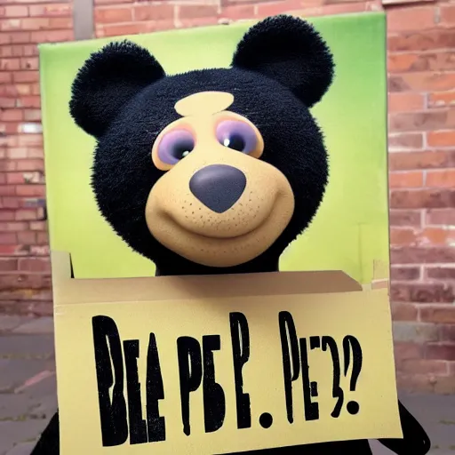 Image similar to a bear holding a'please'sign, in the style of pixar