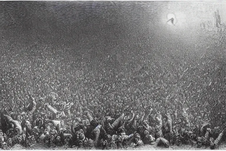 Image similar to aerial view, crowd of people looking up, Gustave Dore lithography