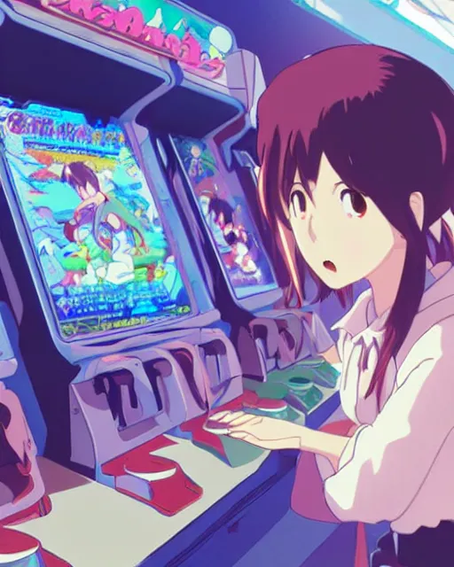 Image similar to a girl at the arcade, full shot, visible face, ambient lighting, detailed, very modern anime style, art by hayao miyazaki, makoto shinkai