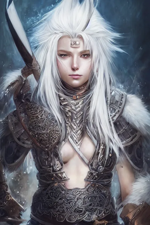 Image similar to A realistic anime portrait of a beautiful white haired female barbarian wearing an intricate viking armor, digital painting, by Stanley Artgerm Lau, Sakimichan, WLOP and Rossdraws, digital painting, painterly, Pixiv, Deviantart, golden ratio, rule of thirds, good composition, HD, 8k, award winning, promo art, splash art, rpg, jrpg, dungeons and dragons, DND, trending on ArtStation