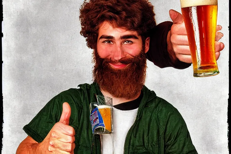 Prompt: a young man holding a beer giving a thumbs up with a long beard, 80s poster, detailed, uncropped, painted by Krenz Crushart
