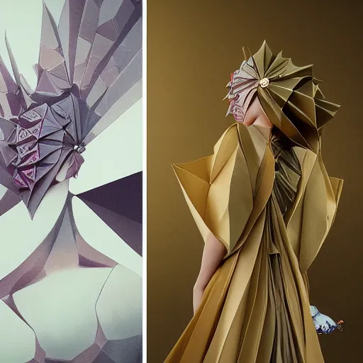 Prompt: 3 / 4 view of a beautiful girl wearing an origami!! dress, ground - level medium shot, elegant, by eiko ishioka, givenchy, philippe druillet, by peter mohrbacher, centered, fresh colors, origami, fashion, detailed illustration, vogue, high depth of field, japanese, reallusion character creator