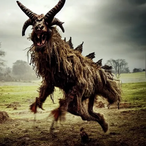 Image similar to horror, hd photography, a monstrous mutant goat creature is galloping across a muddy medieval village square in daylight, filthy matted fur, human eyes, disturbing, mutated, crocodile - like teeth