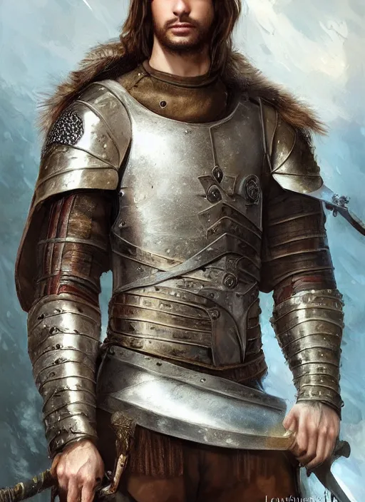 Image similar to a relaxed gorgeous male medieval warrior, short brown hair, stringy, full body, 8 k, hyperrealistic, hyperdetailed, fantasy portrait by laura sava