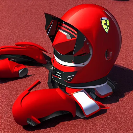 Image similar to Tokusatsu character based on Ferrari, red mechanical skinny body, chest plate with Ferrari logo, stylized motorcycle helmet, full body, unreal engine, 3D model