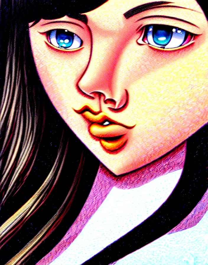 Image similar to extremely detailed color ink pen  illustration depicting an extreme close up face of a dainty young truant female stoner prep highschool school student with medium length silky straight iridescent black hair and lightly suntanned skin, illustrated by Artgerm and Range Murata.