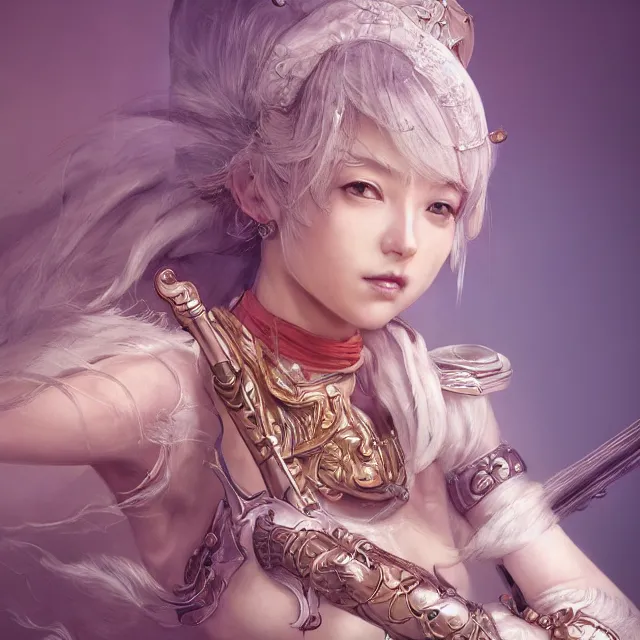 Image similar to studio portrait of neutral good colorful female cleric bard healer as absurdly beautiful, elegant, young skinny gravure idol, ultrafine hyperrealistic detailed face illustration by kim jung gi, irakli nadar, intricate linework, sharp focus, bright colors, matte, octopath traveler, final fantasy, unreal engine highly rendered, global illumination, radiant light, intricate environment