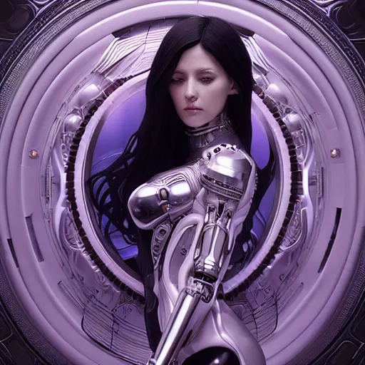 Image similar to symmetrical feminine cyborg goddess rendered in Cinema 4D and Octane and Unreal Engine 5, elegant cybernetic body and ornate futuristic robes, glowing white neon eyes, platinum and obsidian flowing long hair, art by Artgerm, Beeple and Alphonse Mucha, hyperrealism, full body photogenic shot, digital render, cinematic lighting ornate earrings, 8k resolution, masterpiece work