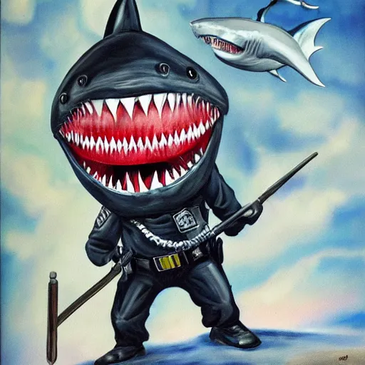 Prompt: detailed painting of a terrifying shark dressed as a police officer, nightmare, lapd