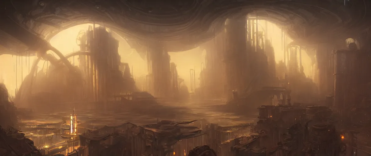 Image similar to digital painting of an underwater dystopian city, rapture from bio shock, style of Ralph Mcquarrie, concept art, high angle, high detail, cold lighting, dark, vivid, beautiful, caustics, trending on artstation, by Jordan grimmer, no focus, huge scene