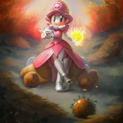 Image similar to princess peach holding a Mario mushroom made of earth and molten metal with heavy knight armor in the style of anime by Peter Mohrbacher, anime trending on artstation, HD, 4k,