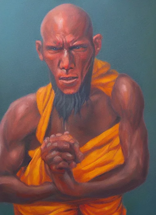 Image similar to A warrior battle monk, gritty, oil painting on canvas