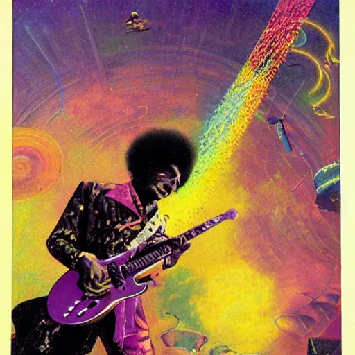 Prompt: Jimi Hendrix sitting on the rings of Saturn playing \'Purple Haze\' on his electric guitar by Moebius and Paul Lehr