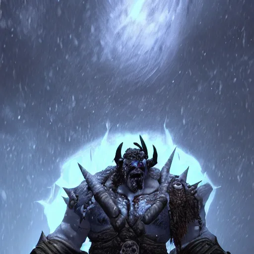 Image similar to epic world of warcraft orc warrior chief thrall standing in front of a gigantic throne made of dark ice with a dark sky above made of a dark hurricane spiral, extremely detailed, wow, cinematic