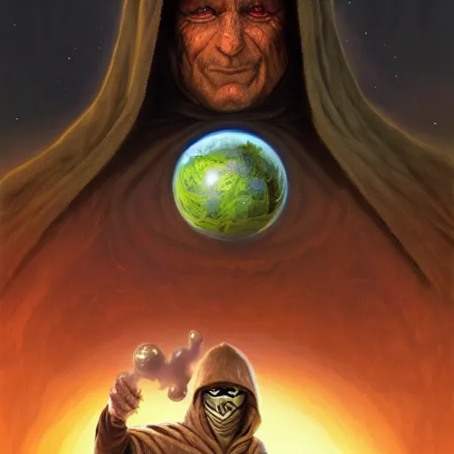 Image similar to rogue masked male wearing a cloak on an alien world and holding a holographic planet projection in his hand, detailed, sci - fi, digital painting, artstation, sharp focus, illustration, artgerm, tomasz alen kopera, peter mohrbacher, donato giancola, joseph christian leyendecker, wlop, frank frazetta