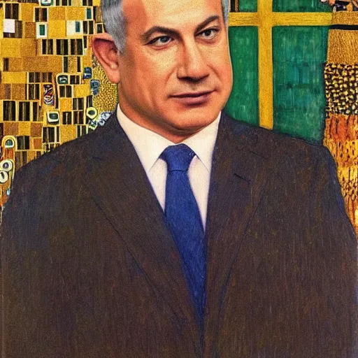 Image similar to a portrait of benjamin netanyahu wearing gold garbs and jewels, by gustave klimt