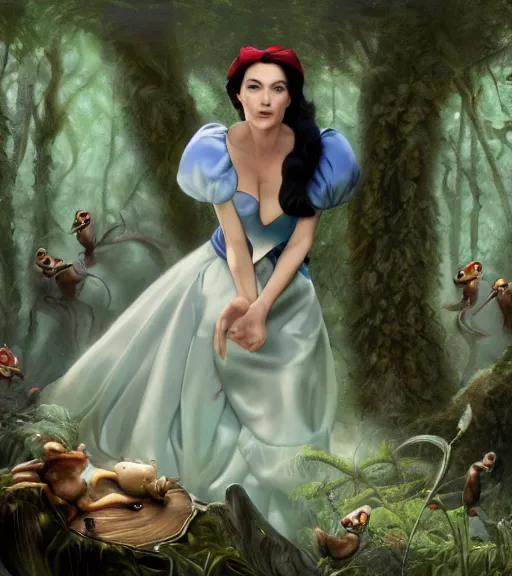 Image similar to film still of Monica Bellucci as snow white in a forest by a pond with frogs, by artgerm, makoto sinkai, magali villeneuve, Gil Elvgren, Earl Moran,Enoch Bolles, symmetrical,