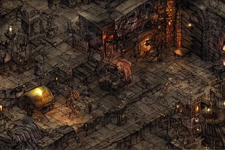 Prompt: Planescape Torment screenshot, the smoldering corpse bar