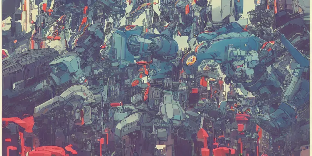 Image similar to risograph, gigantic mecha faces, no artifacts, tiny rats, a lot of exotic animals around, big human faces everywhere, by satoshi kon and moebius, matte blue colors, surreal design, crispy, super - detailed, a lot of tiny details, no blur, 4 k, fullshot