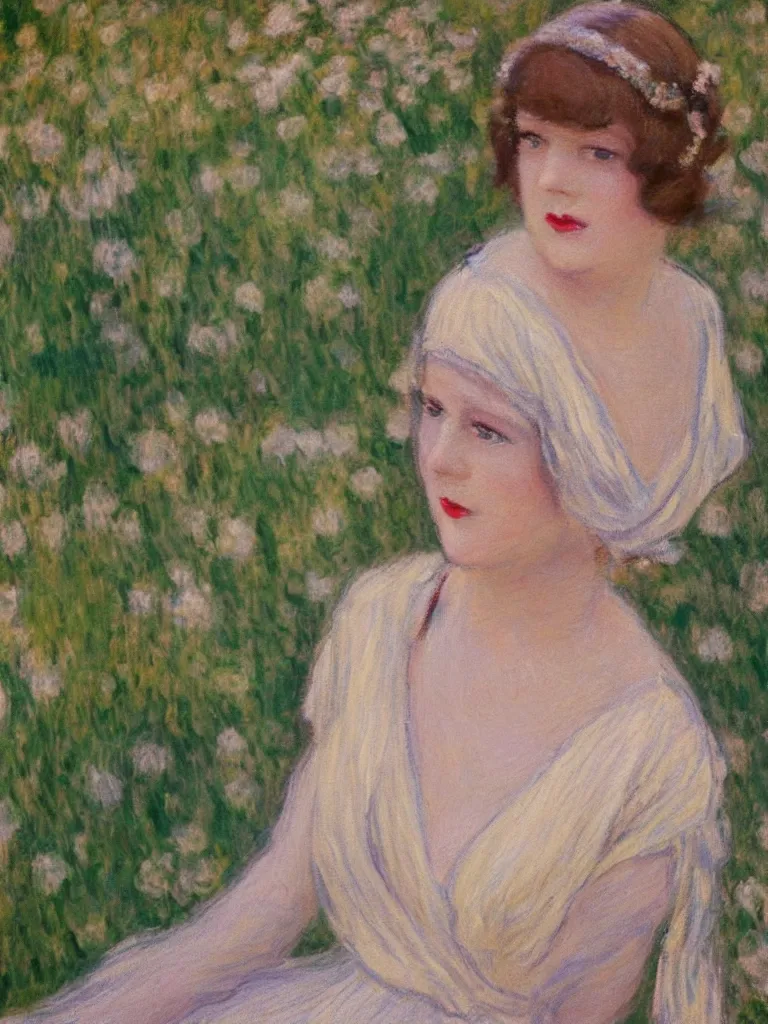 Image similar to portrait of < zelda fitzgerald > as a beautiful young lady wearing 1 9 2 0 s fashion, blurry face, brown hair, slim, fair, severe out of focus, depth of field, pleinairism, in the sun, backlit, closeup, oil on canvas, atr by monet, in the style of le promenade, smooth, impressionnisme, 8 k