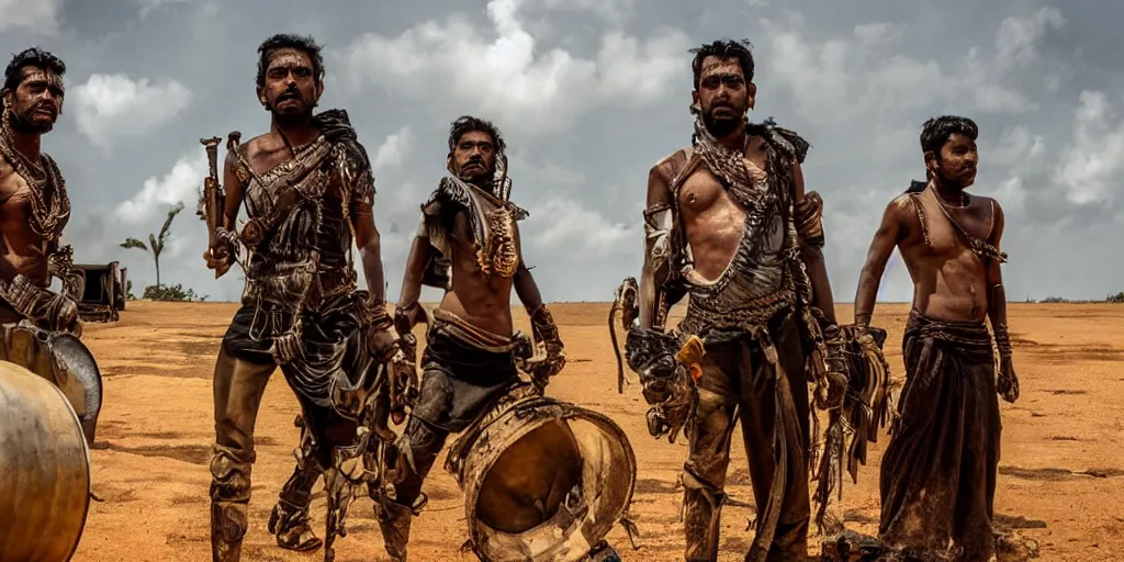 Prompt: sri lankan mad max style, playing bongo drum, film still, epic shot cinematography, rule of thirds