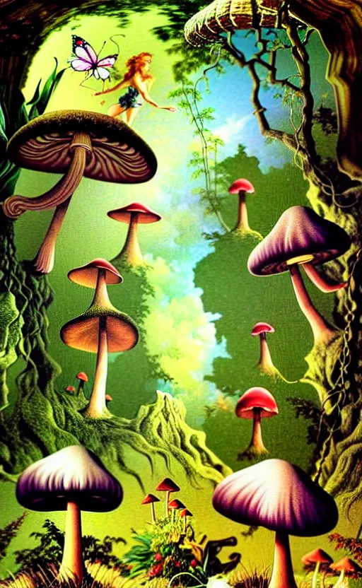 Image similar to fairies, enchanted forest, mushrooms on the ground, psychedelic, wide angle shot, white background, vector art, illustration by frank frazetta and salvador dali