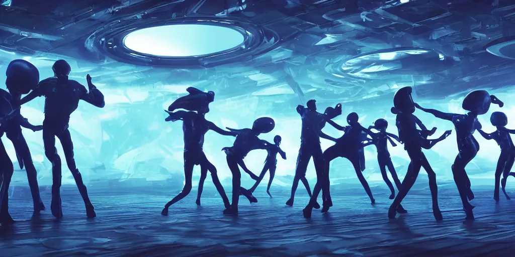 Prompt: aliens dancing after a victory over a planet inside their spaceship, cheerful colors, blue - white, unreal 5, hyperrealistic, realistic, photorealistic, dynamic lighting, highly detailed, cinematic landscape, studio landscape, studio lighting, 1 0 0 mm