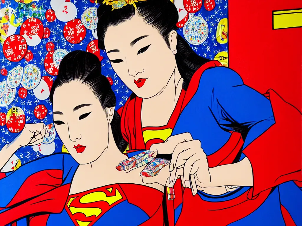 Image similar to hyperrealism composition of the detailed woman in a japanese kimono sitting at a poker table with superman, fireworks on the background, pop - art style, jacky tsai style, acrylic on canvas