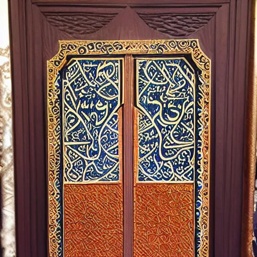 Image similar to door, arabian calligraphy, arabian art, oil painting , symmetrical