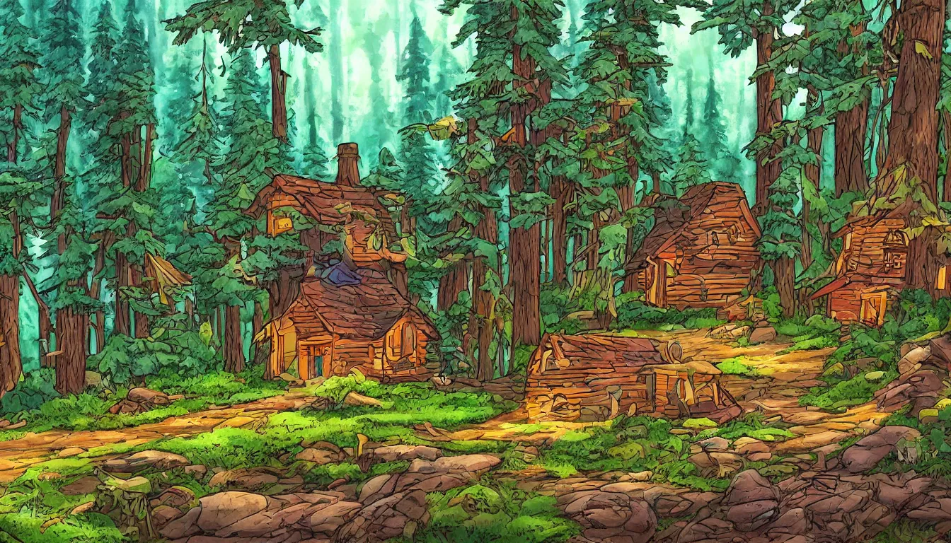 Image similar to a clearing in a forest with a cabin, Disney cartoon, animation, high detail, colorful