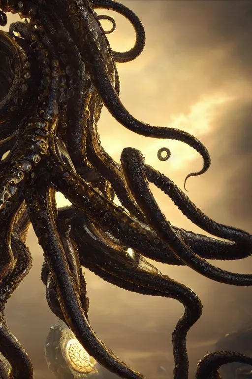 Image similar to giant ancient alien tentacles artwork by yoshitaka amano, black and gold, detailed background, extremely detailed, octane rendering, sharp focus, volumetric light, particles, unreal engine 5, rtx