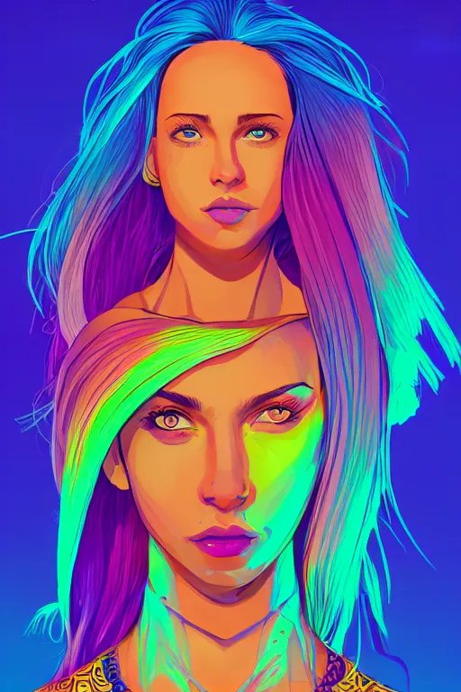 Image similar to a award winning half body portrait of a beautiful woman with stunning eyes in a printed croptop and cargo pants with rainbow colored ombre hairstyle head in motion and hair flying by josan gonzales, outrun, vaporware, shaded flat illustration, digital art, trending on artstation, highly detailed, fine detail, intricate