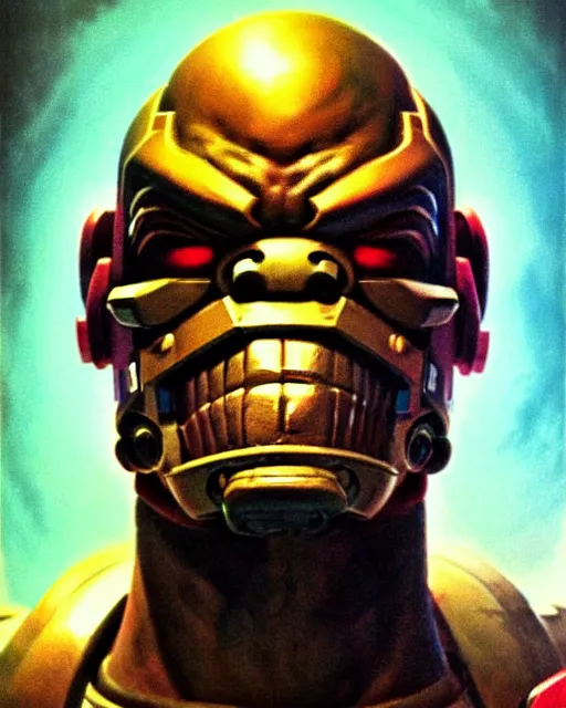 Image similar to doomfist from overwatch, sinister smile, elegant, character portrait, portrait, close up, concept art, intricate details, highly detailed, vintage sci - fi poster, retro future, in the style of chris foss, rodger dean, moebius, michael whelan, and gustave dore