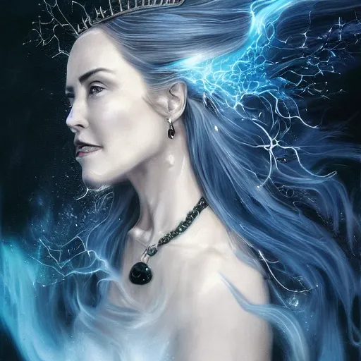 Prompt: masterpiece portrait of an aesthetic elegant mage woman, ice spell, 3 0 years old woman, sharon stone like, soft face, black dynamic hair, wearing silver diadem with blue gems inlays, silver necklace, painting by joachim bergauer and magali villeneuve, atmospheric effects, chaotic blue sparks dynamics in the background, intricate, artstation, instagram, fantasy