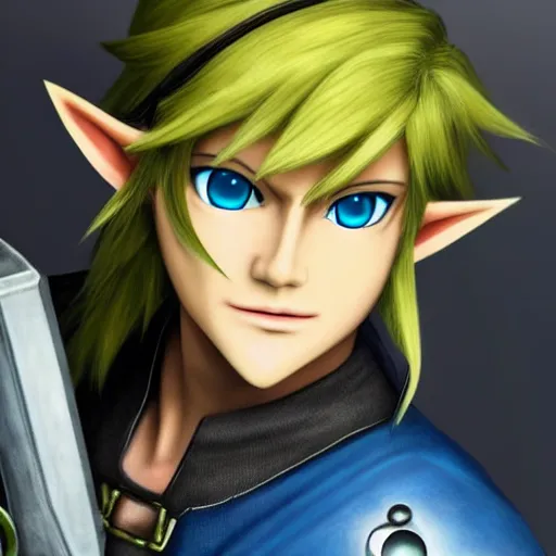 Prompt: portrait of Link from Zelda and Cloud from Final fantasy 7, no blur, insane details, hyper detailed, high detail, cinematic, 8k